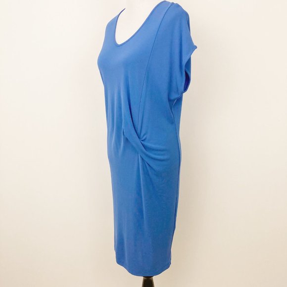 NWT Q'Neel Nordic Design Blue Dress Size 6 Scoop Neck Short Sleeve Drape Detail - Picture 2 of 11